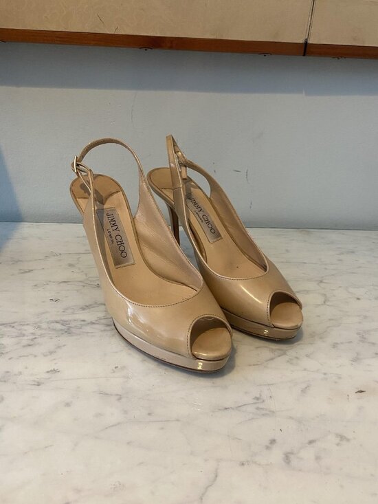 Jimmy Choo Shoes - Jimmy Choo Shoes Womens Size 5 Beige Patent Slingback Peep Toe Pumps Italy